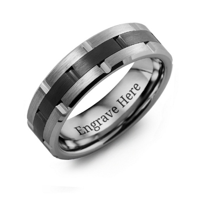 Men's tungsten and ceramic grooved brushed ring