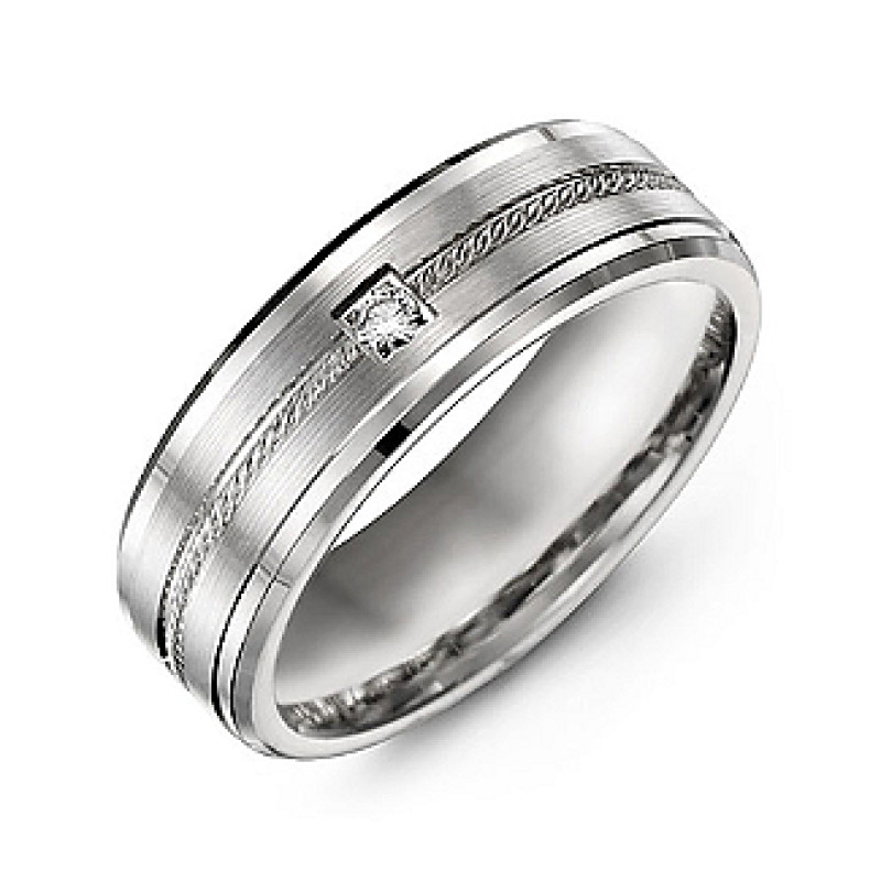 Men's rope design ring with a round stone and beveled edges