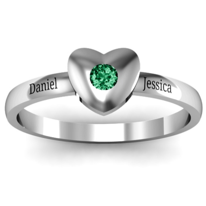 Solid Heart Single Gemstone Ring - Product View Solid heart ring with a single round gemstone, product view