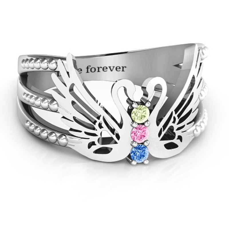 Sparkling Swan Ring with heart-detailed wings and round stones