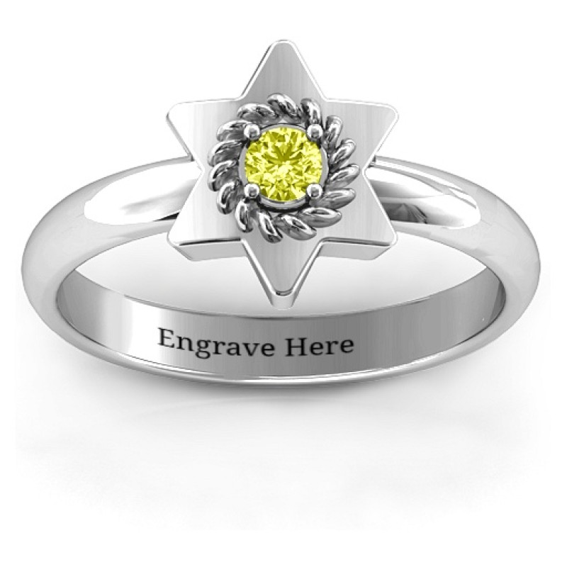 Star of David ring with round centre stone and roping detail