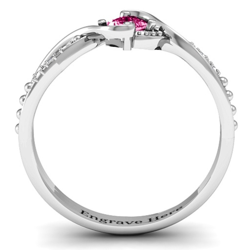 Princess-cut gemstone ring with six round accent stones