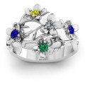Garden Party Ring with ivy detail, five flowers and five round stones