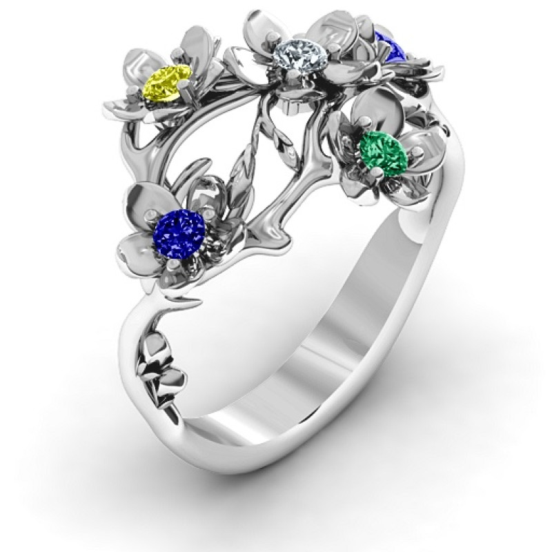 Garden Party Ring with ivy detail, five flowers and five round stones