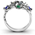 Garden Party Ring with ivy detail, five flowers and five round stones