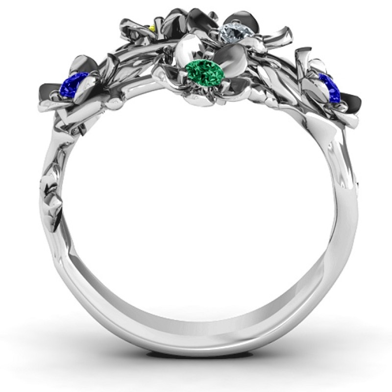 Garden Party Ring with ivy detail, five flowers and five round stones
