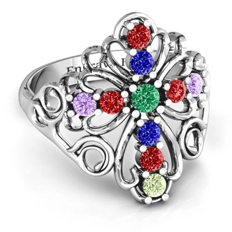 Spirituality cross ring with elongated flower design