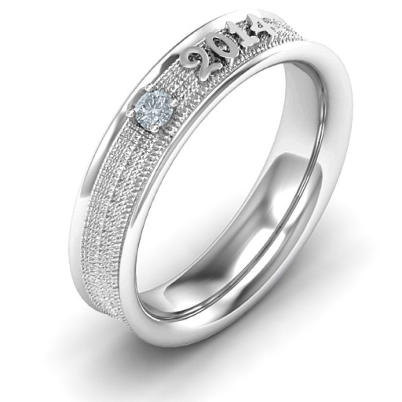 Personalised 2014 Textured Graduation Ring View View of the personalised textured 2014 graduation ring