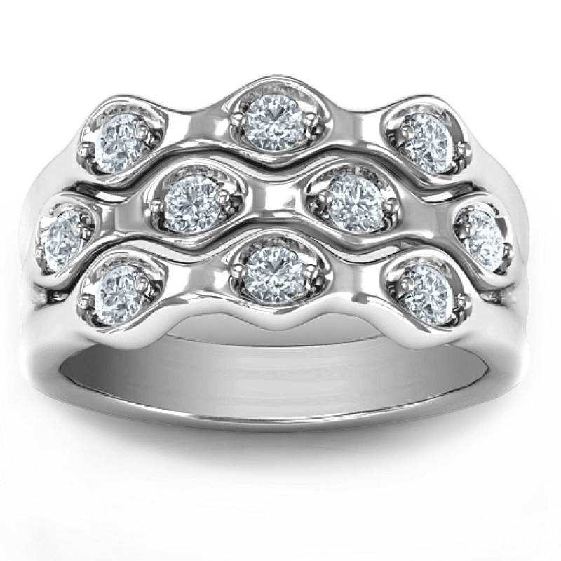 3 Tier Wave Ring - Product View Three-tier wave ring with round stone settings