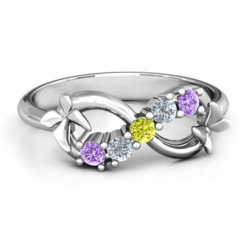 Sterling silver five-stone infinity ring with soaring butterflies