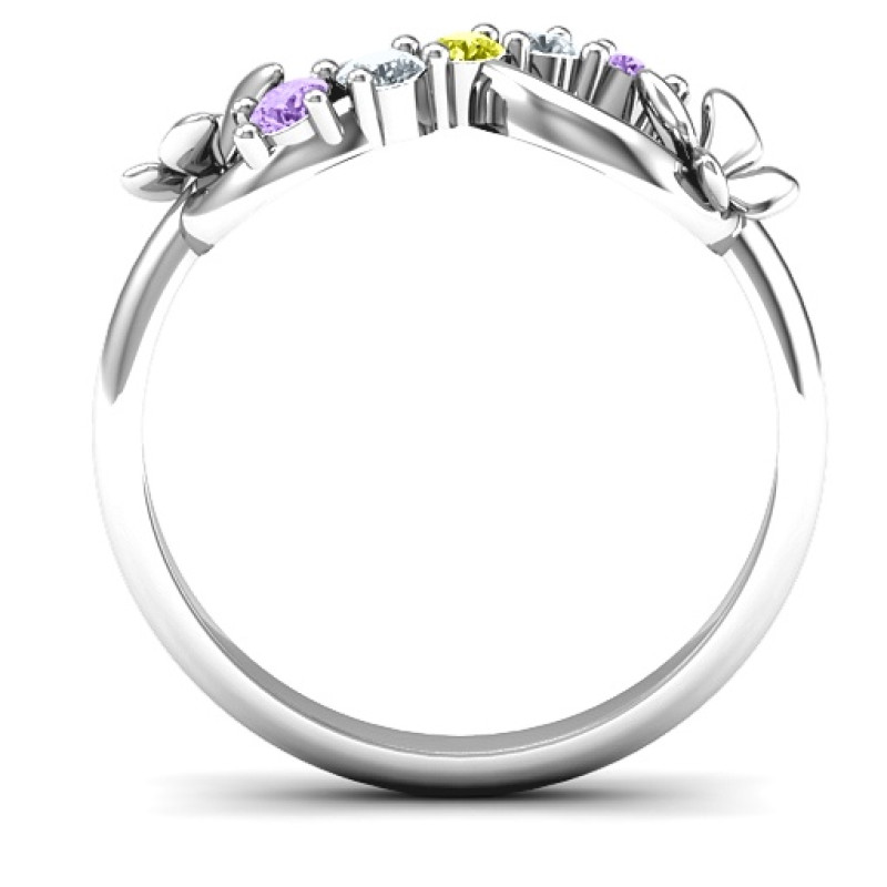 Sterling silver five-stone infinity ring with soaring butterflies