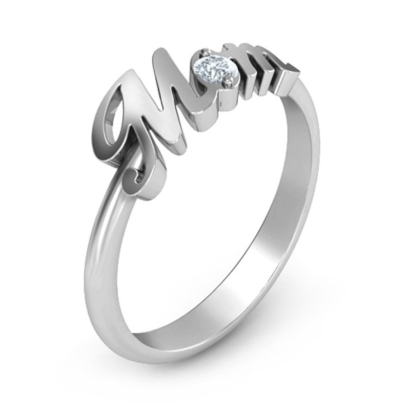 All About Mom Personalised Birthstone Ring Personalised cursive Mom ring with a round birthstone in the letter o