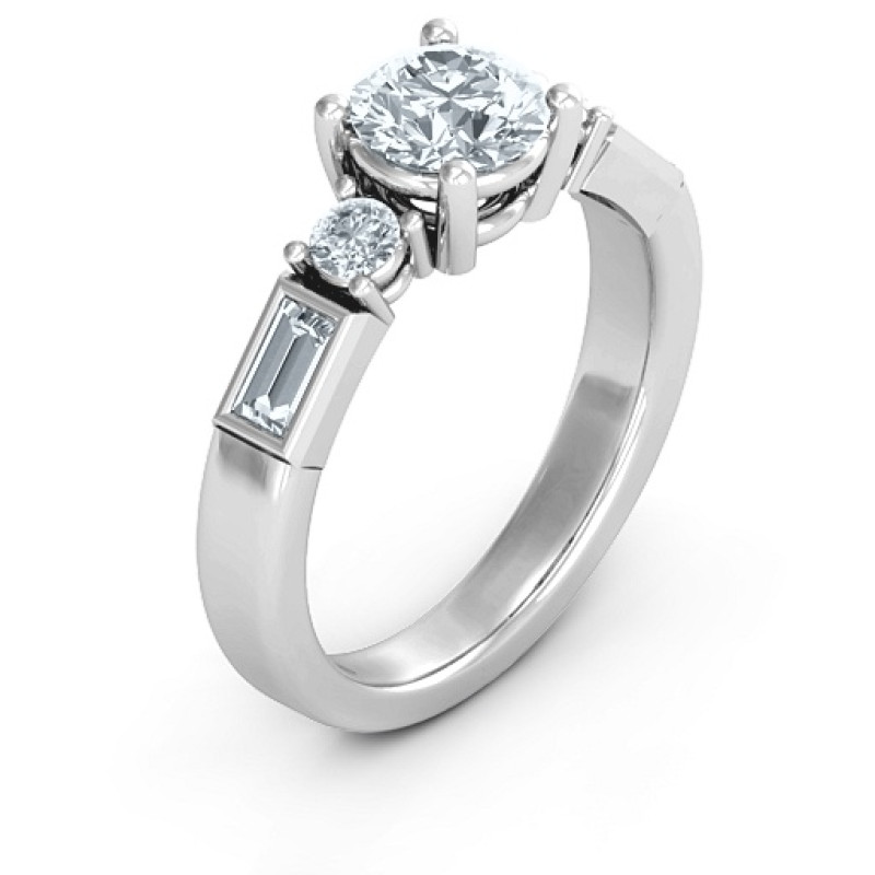 Andrea engagement ring with round centre stone and baguette side stones