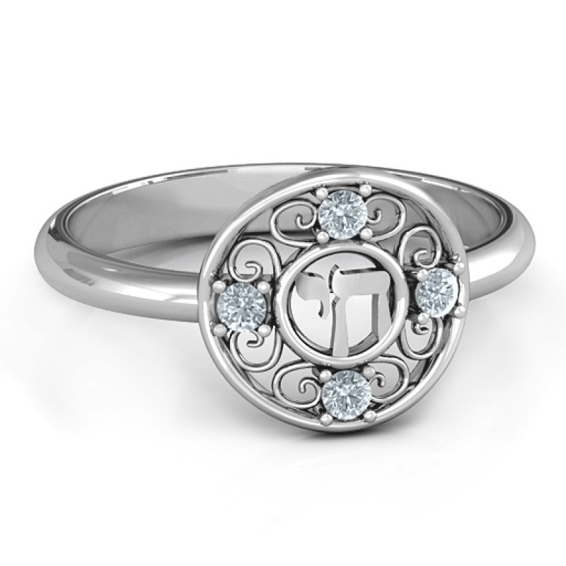 Sterling Silver Chai filigree ring with four round stones