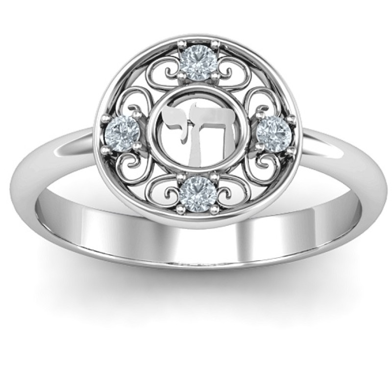 Sterling Silver Chai filigree ring with four round stones