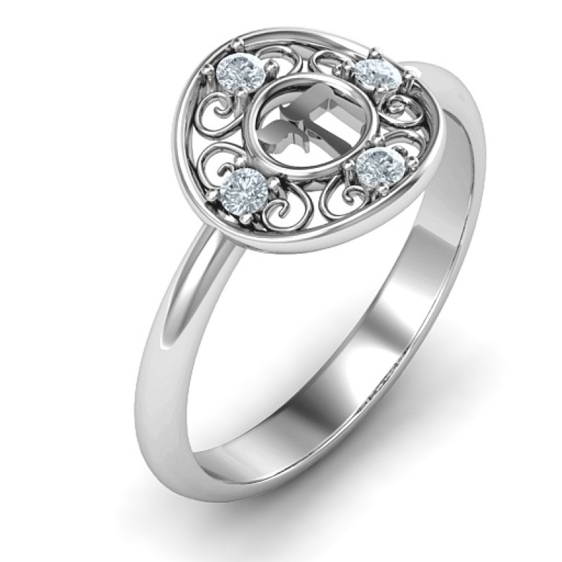 Sterling Silver Chai filigree ring with four round stones