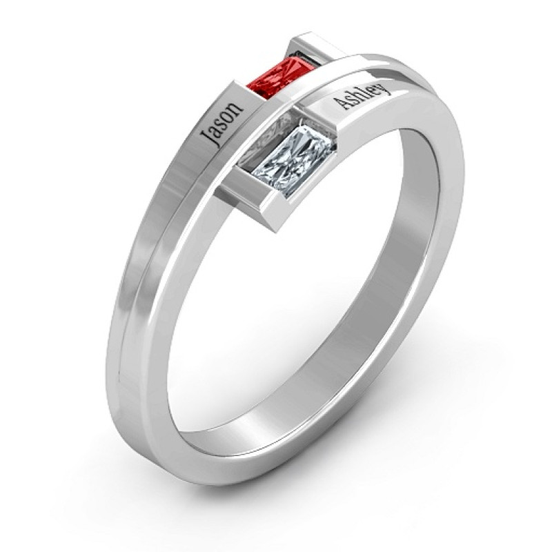 Double baguette bypass ring with simulated garnet stones