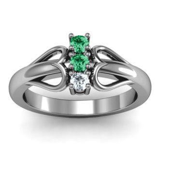 Sterling Silver Double Heart Three Stone Ring