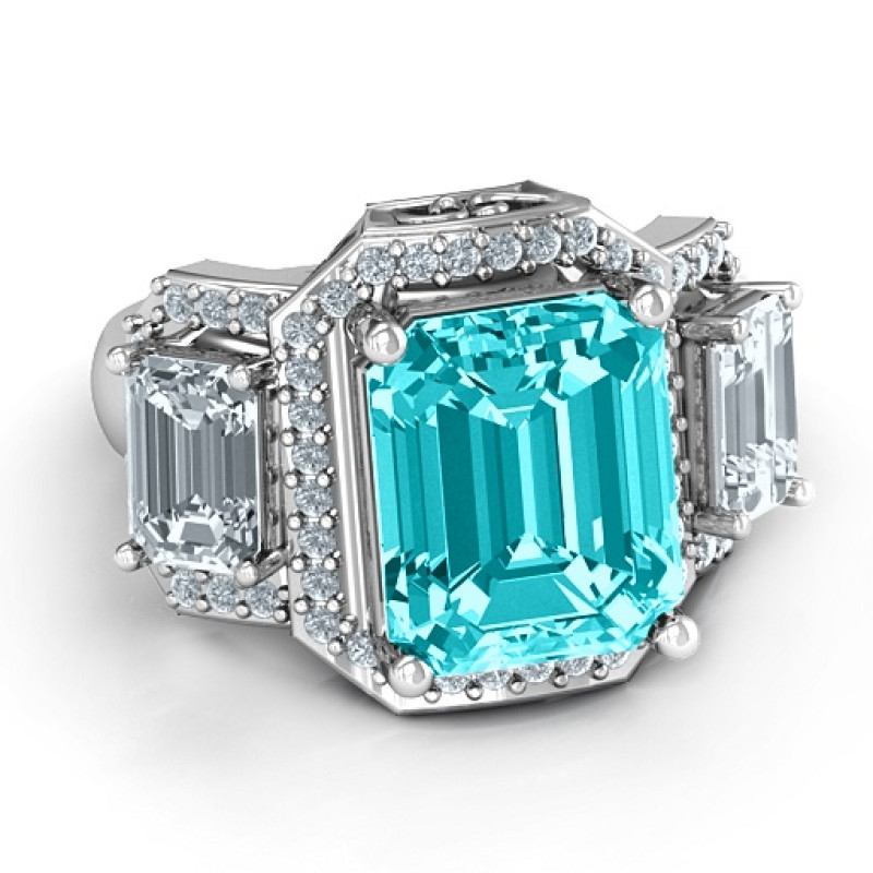 Sterling Silver Emerald Cut Trinity Ring with Triple Halo Sterling Silver Emerald Cut Trinity Ring with Triple Halo
