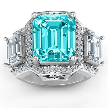 Sterling Silver Emerald Cut Trinity Ring with Triple Halo Sterling Silver Emerald Cut Trinity Ring with Triple Halo