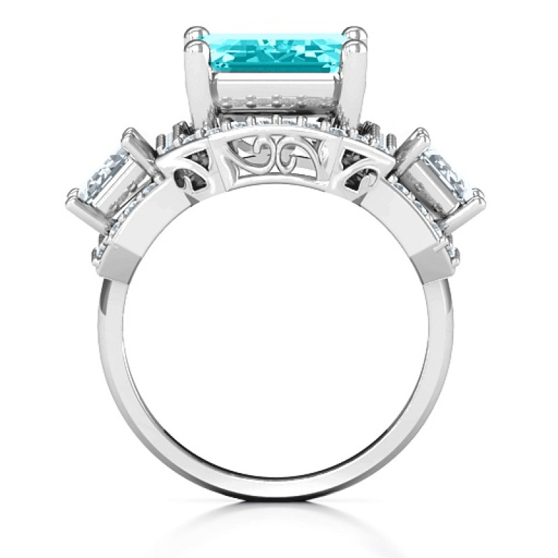 Sterling Silver Emerald Cut Trinity Ring with Triple Halo Sterling Silver Emerald Cut Trinity Ring with Triple Halo