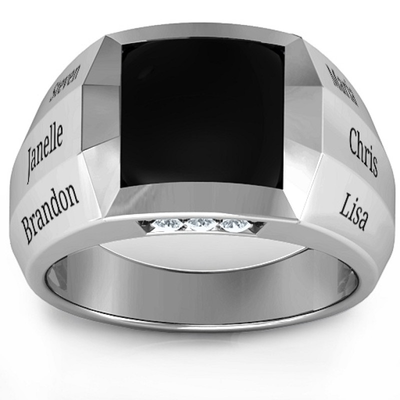 Engravable men's ring with square black onyx centre stone and six small stones