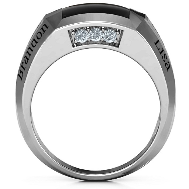 Engravable men's ring with square black onyx centre stone and six small stones