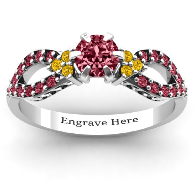 Fancy split shank solitaire accent ring with round centre stone