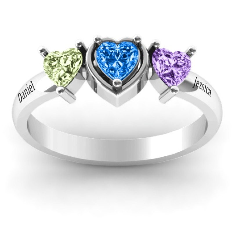 Heart stone ring with a central heart stone and two heart accents