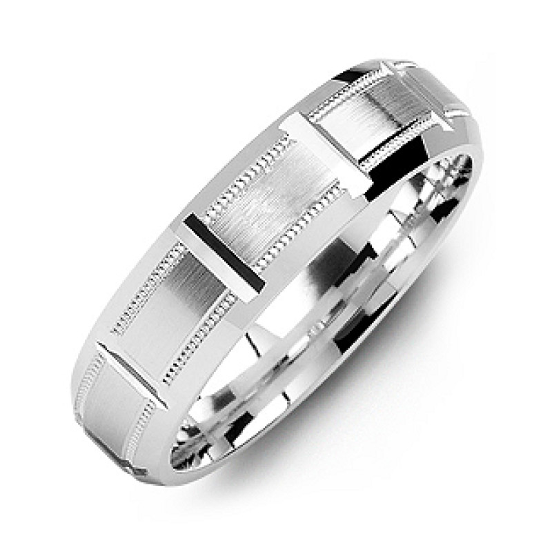 Horizontal-cut men's ring with beveled edges and a brushed centre