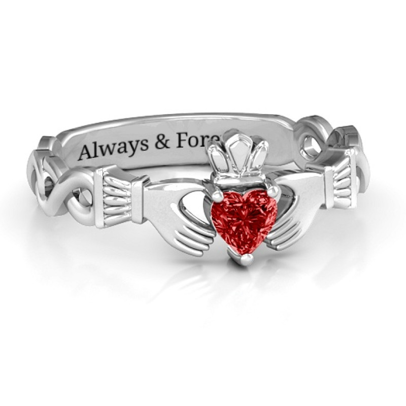 Infinity Claddagh ring with heart-shaped centre stone