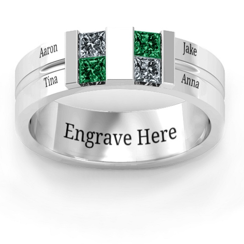 Leonidas grooved men's ring with inset princess-cut stones