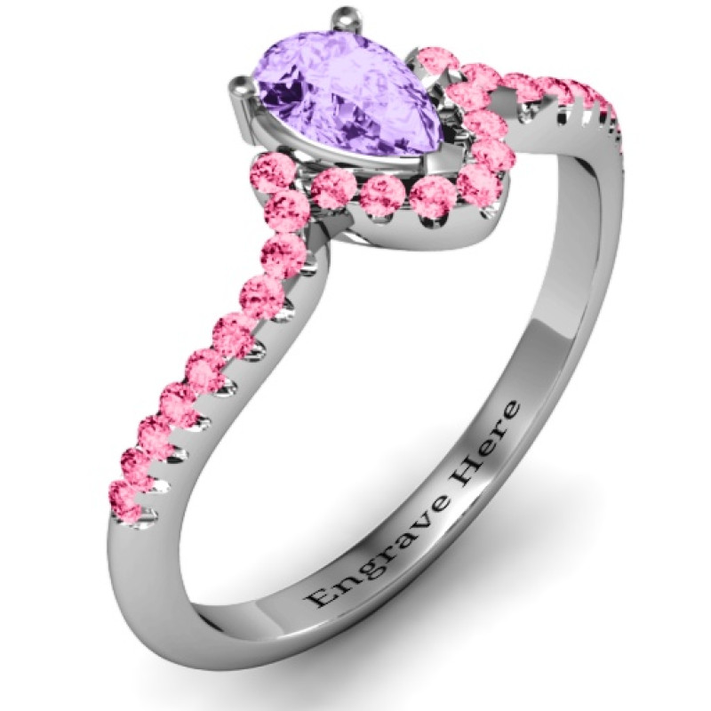 Sterling silver pear accent groove ring with round accent stones