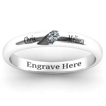 Sterling Silver Reveal Stone Grooved Women's Ring with Cubic Zirconias Stone Sterling Silver Reveal Stone Grooved Women's Ring with Cubic Zirconias Stone