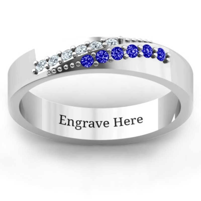 Personalised diagonal peak ring with twelve round accent stones