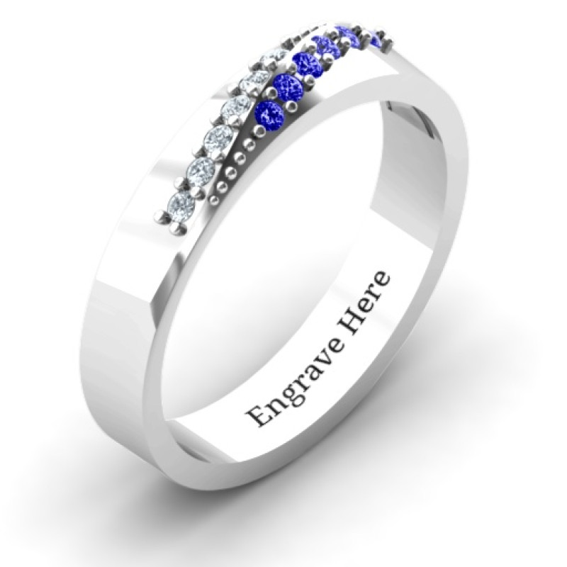 Personalised diagonal peak ring with round accent stones