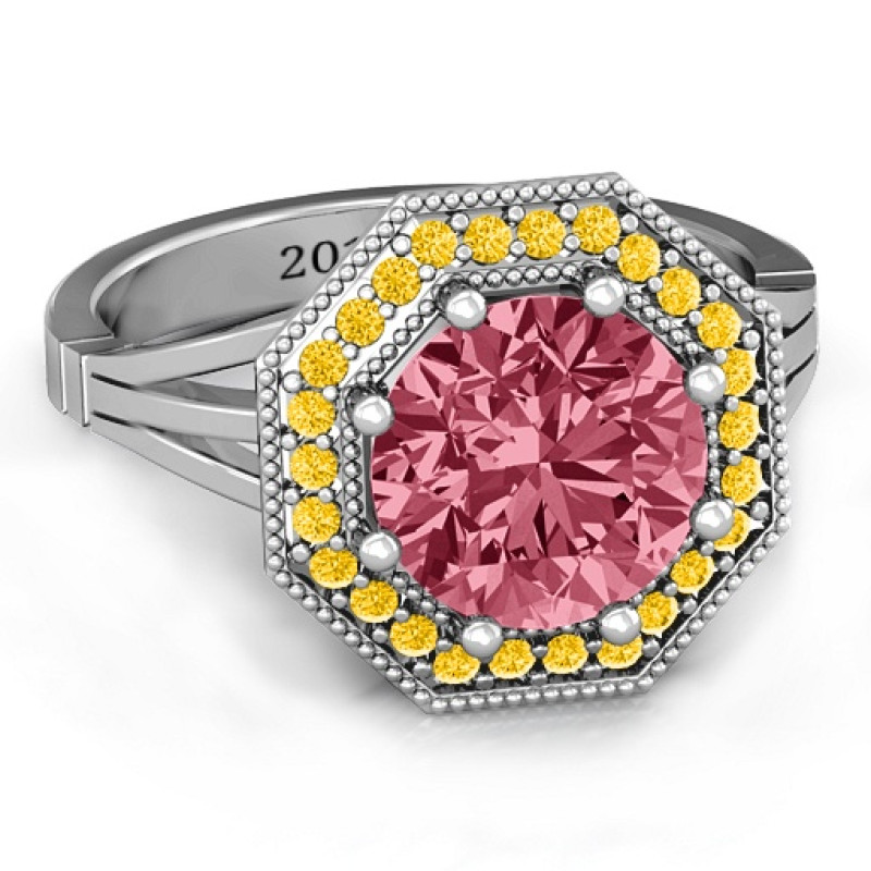 Round stone ring with an octagonal halo setting