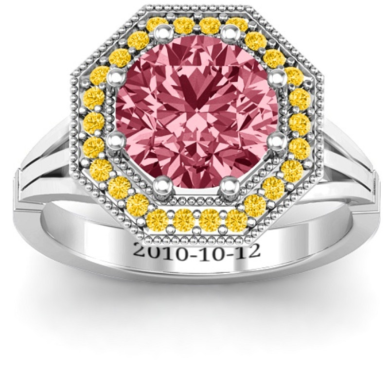 Round stone ring with an octagonal halo setting