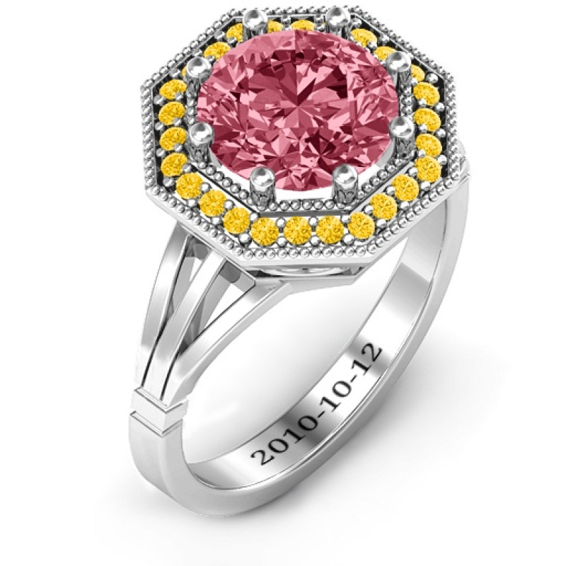 Round stone ring with an octagonal halo setting