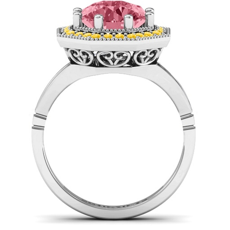 Round stone ring with an octagonal halo setting