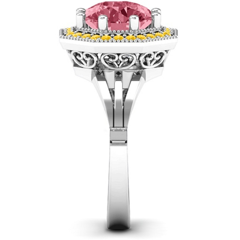 Round stone ring with an octagonal halo setting