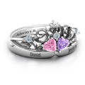Double Heart Tiara Ring with Engravings Double heart tiara ring with heart-cut stones and engraved band