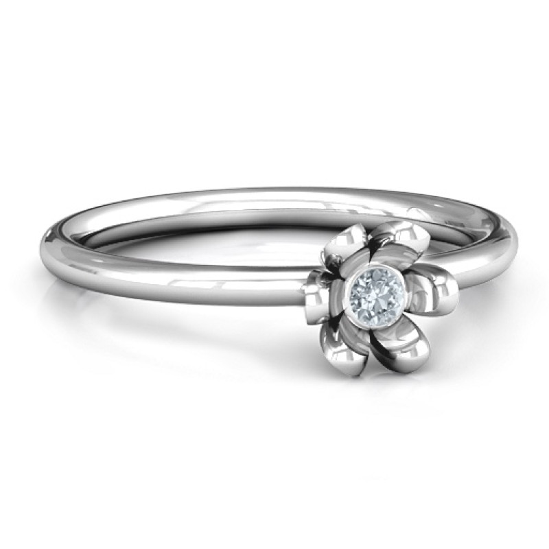 Sterling Silver Stone in Magnolia Ring Magnolia flower ring with a round centre stone