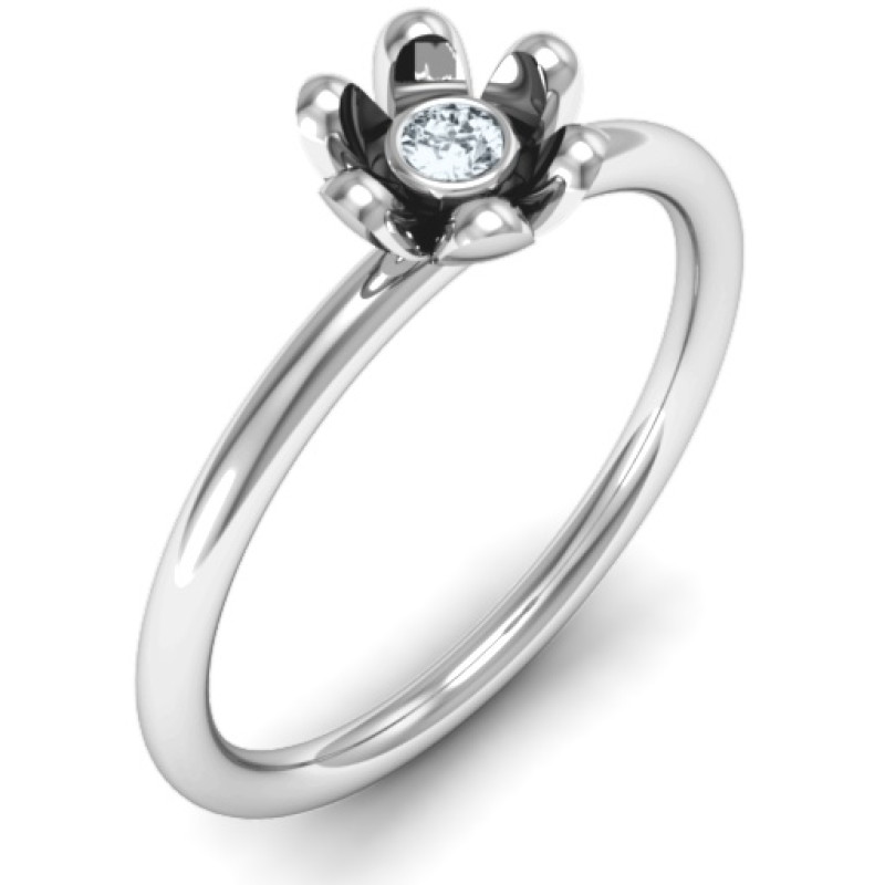 Sterling Silver Stone in Magnolia Ring Magnolia flower ring with a round centre stone