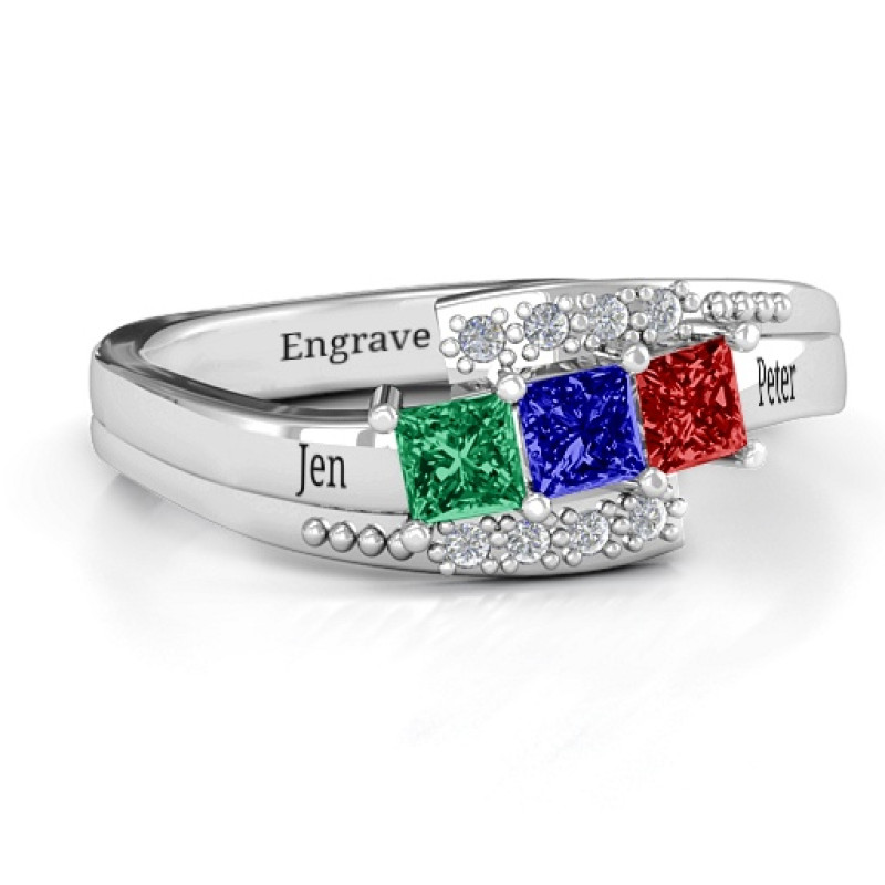 Sterling Silver Triple Princess Stone Ring with Accents Sterling silver triple princess stone ring with round accent stones