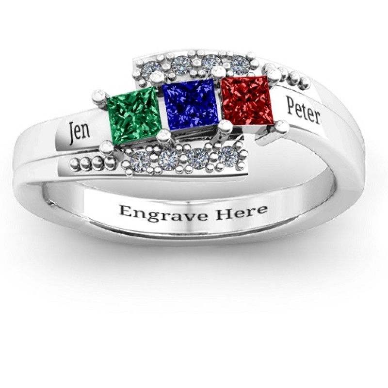 Triple Princess Stone Ring with Accents Sterling silver triple princess stone ring with round accent stones
