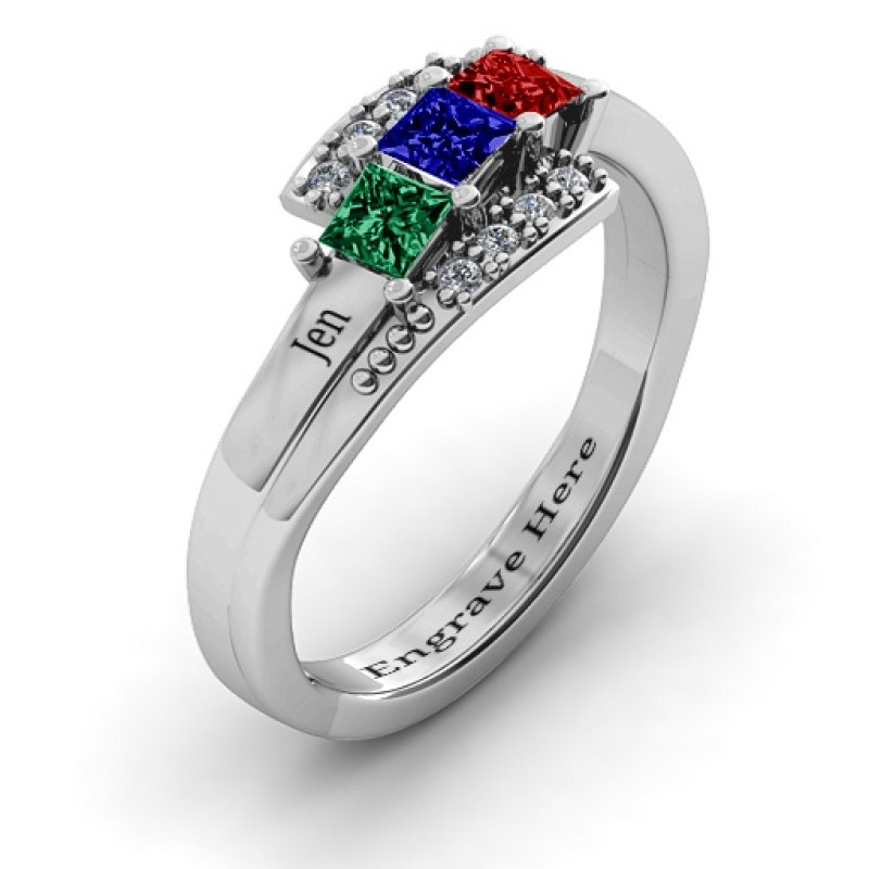 Triple Princess Stone Ring with Accents Sterling silver triple princess stone ring with round accent stones