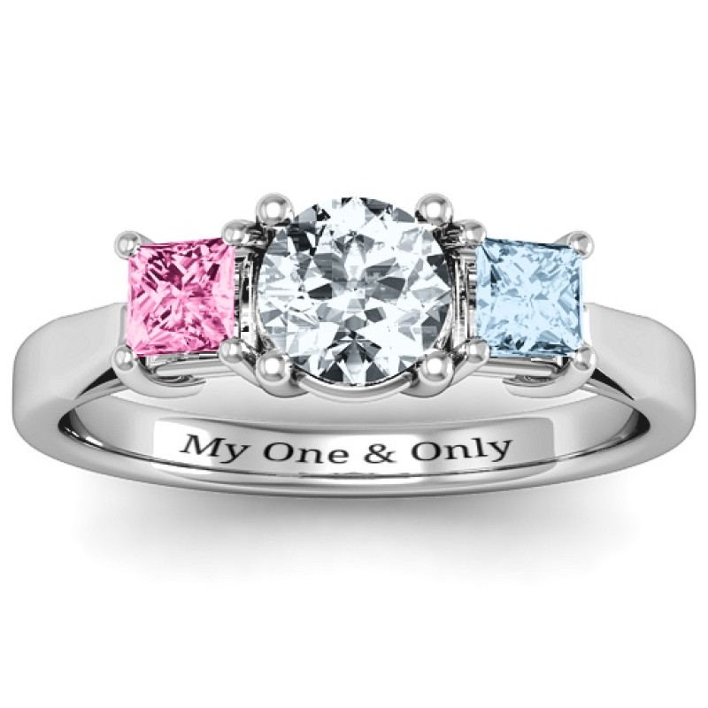 Three Stone Eternity Ring with Princess Accents Three Stone Eternity ring with round centre stone and princess-cut side stone accents