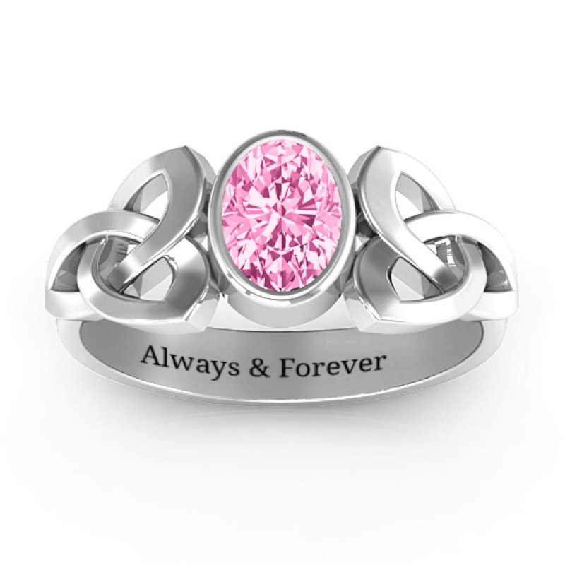 Trinity Knot Ring with Bezel-Set Oval Stone - Alternate View Trinity Knot ring with bezel-set oval stone, alternate view