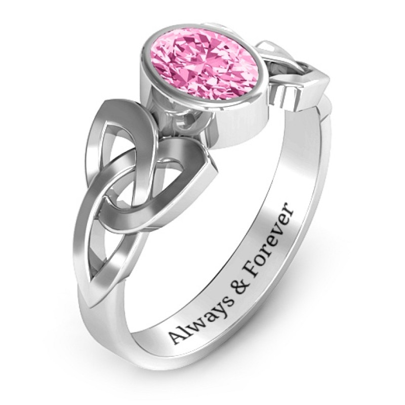 Trinity Knot Ring with Bezel-Set Oval Stone - Alternate View Trinity Knot ring with bezel-set oval stone, alternate view